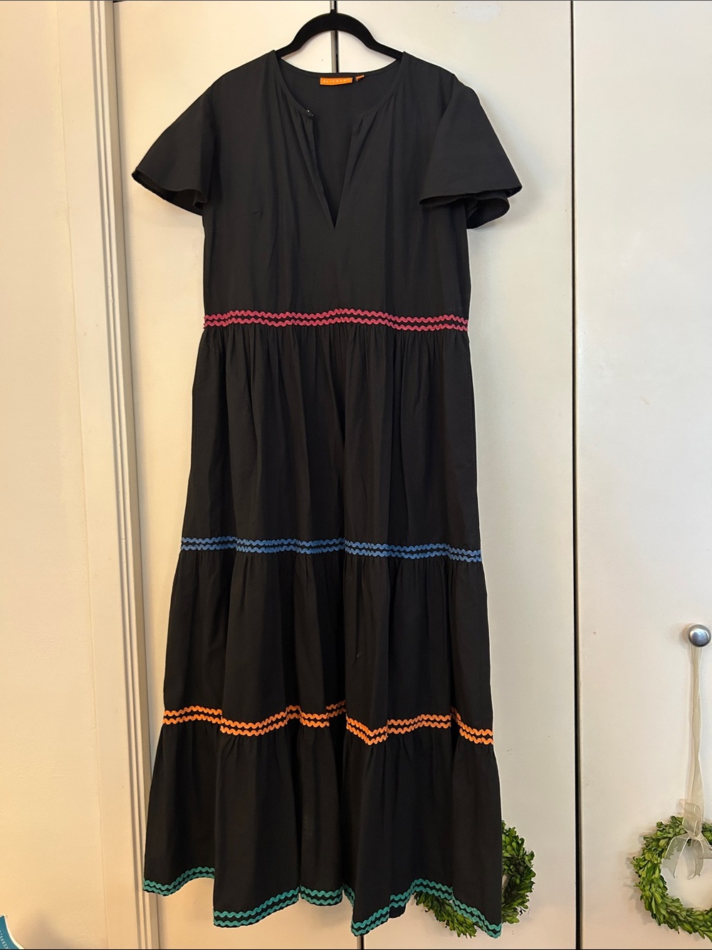 Oliphant Black Maxi Dress with Pink, Blue, Orange and Green Trim